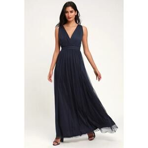 NWT Lulus Romantic Moment Navy Chiffon Formal Evening Gown Maxi Dress Size Large